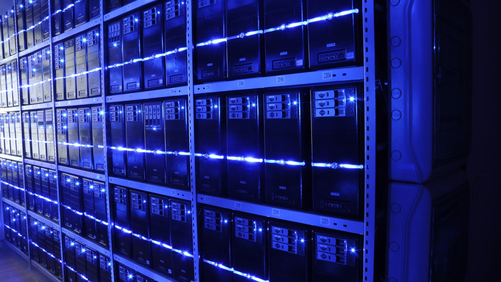 Server racks lit in blue