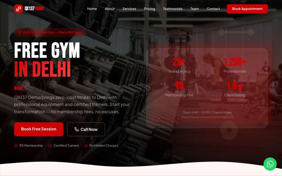 QX137 Demo - Delhi's Free Gym website screenshot